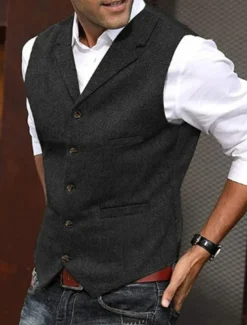 Men's Fashion Vest Herringbone Tailored Fit Notch Single Breasted Five-buttons Silver Black Red 2023