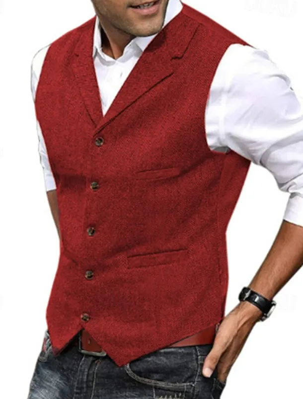 Men's Fashion Vest Herringbone Tailored Fit Notch Single Breasted Five-buttons Silver Black Red 2023