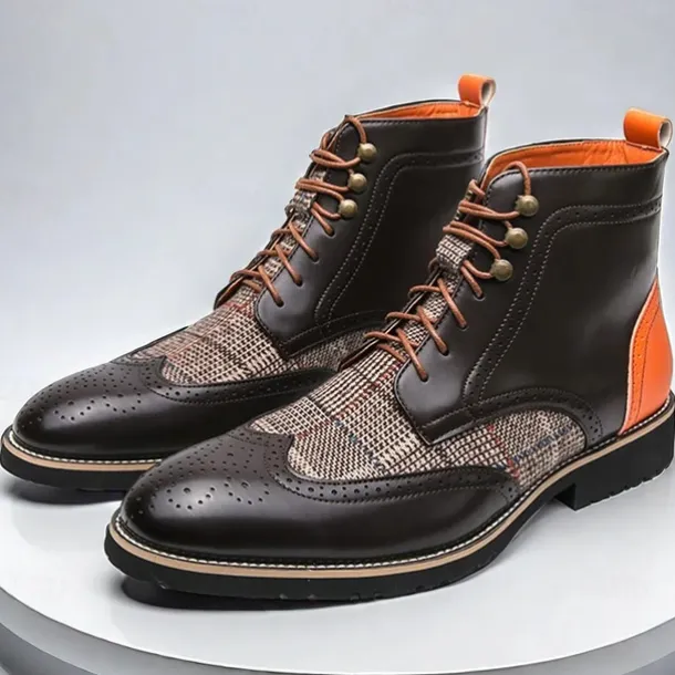 Men's Faux Leather and Plaid Brogue Boots, Vintage Style Lace-Up Ankle Boots with Wingtip Detailing for Formal and Casual Wear