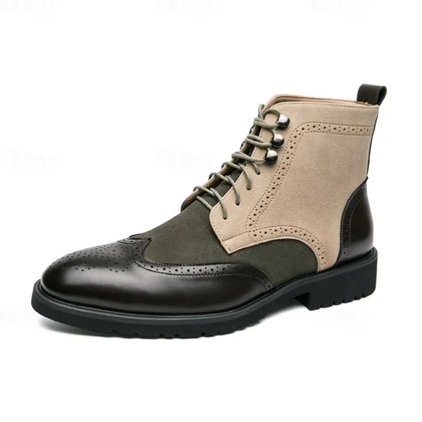 Men's Faux Leather and Plaid Brogue Boots, Vintage Style Lace-Up Ankle Boots with Wingtip Detailing for Formal and Casual Wear