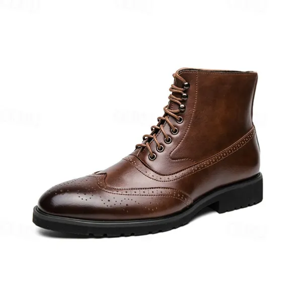 Men's Faux Leather and Plaid Brogue Boots, Vintage Style Lace-Up Ankle Boots with Wingtip Detailing for Formal and Casual Wear