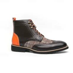 Men's Faux Leather and Plaid Brogue Boots, Vintage Style Lace-Up Ankle Boots with Wingtip Detailing for Formal and Casual Wear