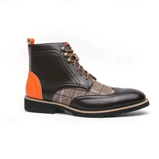 Men's Faux Leather and Plaid Brogue Boots, Vintage Style Lace-Up Ankle Boots with Wingtip Detailing for Formal and Casual Wear