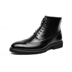 Men's Faux Leather and Plaid Brogue Boots, Vintage Style Lace-Up Ankle Boots with Wingtip Detailing for Formal and Casual Wear