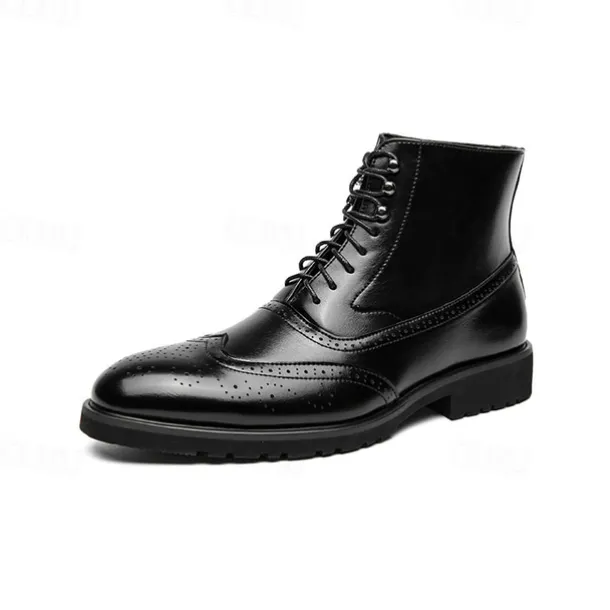 Men's Faux Leather and Plaid Brogue Boots, Vintage Style Lace-Up Ankle Boots with Wingtip Detailing for Formal and Casual Wear