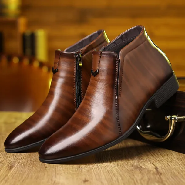 Men's Faux Leather Ankle Boots with Side Zip - Sleek Formal Dress Boots for Office and Special Occasions
