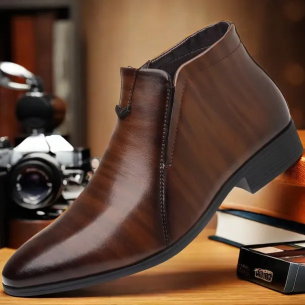 Men's Faux Leather Ankle Boots with Side Zip - Sleek Formal Dress Boots for Office and Special Occasions
