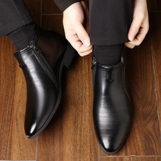 Men's Faux Leather Ankle Boots with Side Zip - Sleek Formal Dress Boots for Office and Special Occasions