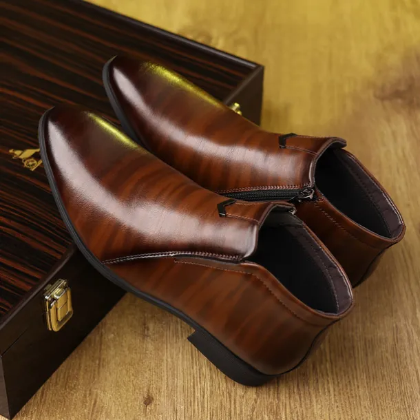 Men's Faux Leather Ankle Boots with Side Zip - Sleek Formal Dress Boots for Office and Special Occasions