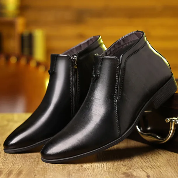 Men's Faux Leather Ankle Boots with Side Zip - Sleek Formal Dress Boots for Office and Special Occasions