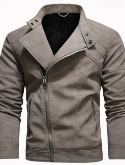Men's Faux Leather Jacket Biker Jacket Motorcycle Jacket Daily Vacation Windproof Warm Pocket Fall & Winter Plain Fashion Classic Stand Collar Regular Black Brown Khaki Jacket