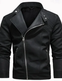 Men's Faux Leather Jacket Biker Jacket Motorcycle Jacket Daily Vacation Windproof Warm Pocket Fall & Winter Plain Fashion Classic Stand Collar Regular Black Brown Khaki Jacket