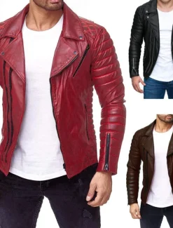 Men's Faux Leather Jacket Transition Jacket Biker Jacket Motorcycle Jacket Vacation Daily Windproof Warm Pocket Fall & Winter Plain Fashion Classic Lapel Regular Faux Leather Black Red Coffee Jacket