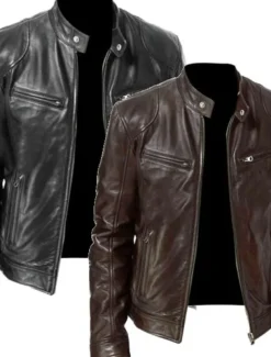 Men's Faux Leather Jacket Transition Jacket Street Windproof Pocket Spring & Fall Streetwear Stand Collar Regular Faux Leather Regular Fit Black Jacket