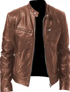 Men's Faux Leather Jacket Transition Jacket Biker Jacket Motorcycle Jacket Daily Thermal Warm Rain Waterproof Fall & Winter Solid Colored Stand Collar Regular Regular Fit Silver Black White Yellow