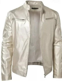 Men's Faux Leather Jacket Transition Jacket Biker Jacket Motorcycle Jacket Daily Thermal Warm Rain Waterproof Fall & Winter Solid Colored Stand Collar Regular Regular Fit Silver Black White Yellow