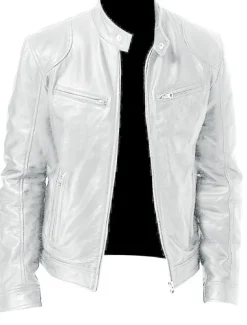 Men's Faux Leather Jacket Transition Jacket Biker Jacket Motorcycle Jacket Daily Thermal Warm Rain Waterproof Fall & Winter Solid Colored Stand Collar Regular Regular Fit Silver Black White Yellow