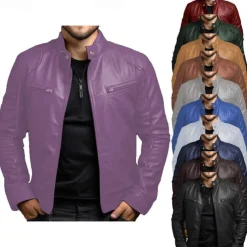 Men's Faux Leather Jacket Transition Jacket Biker Jacket Red Leather Jacket Vacation Daily Windproof Warm Pocket Fall & Winter Plain Fashion Classic Stand Collar Regular Faux Leather Black White Wine