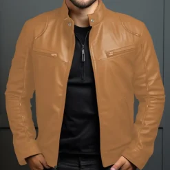 Men's Faux Leather Jacket Transition Jacket Biker Jacket Red Leather Jacket Vacation Daily Windproof Warm Pocket Fall & Winter Plain Fashion Classic Stand Collar Regular Faux Leather Black White Wine