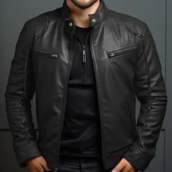 Men's Faux Leather Jacket Transition Jacket Biker Jacket Red Leather Jacket Vacation Daily Windproof Warm Pocket Fall & Winter Plain Fashion Classic Stand Collar Regular Faux Leather Black White Wine