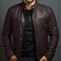 Men's Faux Leather Jacket Transition Jacket Biker Jacket Red Leather Jacket Vacation Daily Windproof Warm Pocket Fall & Winter Plain Fashion Classic Stand Collar Regular Faux Leather Black White Wine