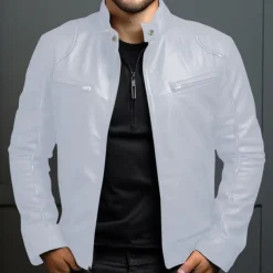 Men's Faux Leather Jacket Transition Jacket Biker Jacket Red Leather Jacket Vacation Daily Windproof Warm Pocket Fall & Winter Plain Fashion Classic Stand Collar Regular Faux Leather Black White Wine