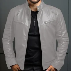 Men's Faux Leather Jacket Transition Jacket Biker Jacket Red Leather Jacket Vacation Daily Windproof Warm Pocket Fall & Winter Plain Fashion Classic Stand Collar Regular Faux Leather Black White Wine