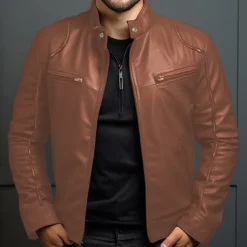 Men's Faux Leather Jacket Transition Jacket Biker Jacket Red Leather Jacket Vacation Daily Windproof Warm Pocket Fall & Winter Plain Fashion Classic Stand Collar Regular Faux Leather Black White Wine