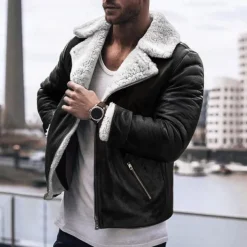 Men's Faux Leather Jacket Fleece Jacket Sherpa Jacket Daily Vacation Thermal Warm Pocket Fleece Fall & Winter Plain Fashion Streetwear Lapel Regular Black Brown Green Jacket