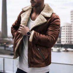 Men's Faux Leather Jacket Fleece Jacket Sherpa Jacket Daily Vacation Thermal Warm Pocket Fleece Fall & Winter Plain Fashion Streetwear Lapel Regular Black Brown Green Jacket