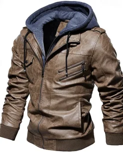 Men's Faux Leather Jacket Biker Jacket Red Leather Jacket Daily Vacation Windproof Warm Splice Fall & Winter Plain Fashion Classic Hooded Regular Faux Leather Black Wine Khaki Dark Gray Coffee Jacket