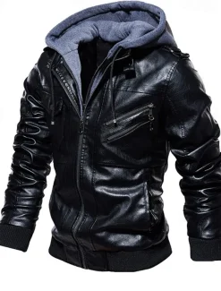Men's Faux Leather Jacket Biker Jacket Red Leather Jacket Daily Vacation Windproof Warm Splice Fall & Winter Plain Fashion Classic Hooded Regular Faux Leather Black Wine Khaki Dark Gray Coffee Jacket
