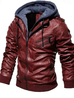 Men's Faux Leather Jacket Biker Jacket Red Leather Jacket Daily Vacation Windproof Warm Splice Fall & Winter Plain Fashion Classic Hooded Regular Faux Leather Black Wine Khaki Dark Gray Coffee Jacket
