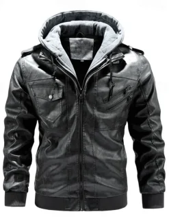 Men's Faux Leather Jacket Biker Jacket Red Leather Jacket Daily Vacation Windproof Warm Splice Fall & Winter Plain Fashion Classic Hooded Regular Faux Leather Black Wine Khaki Dark Gray Coffee Jacket