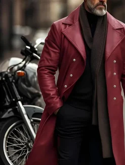 Men's Faux Leather Jacket Transition Jacket Biker Jacket Red Leather Jacket Vacation Daily Windproof Warm Pocket Fall & Winter Plain Fashion Classic Lapel Long Faux Leather Black Silver Wine Blue Gold
