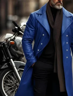Men's Faux Leather Jacket Transition Jacket Biker Jacket Red Leather Jacket Vacation Daily Windproof Warm Pocket Fall & Winter Plain Fashion Classic Lapel Long Faux Leather Black Silver Wine Blue Gold