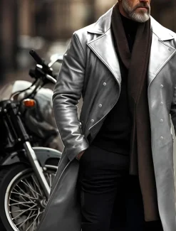 Men's Faux Leather Jacket Transition Jacket Biker Jacket Red Leather Jacket Vacation Daily Windproof Warm Pocket Fall & Winter Plain Fashion Classic Lapel Long Faux Leather Black Silver Wine Blue Gold