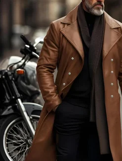 Men's Faux Leather Jacket Transition Jacket Biker Jacket Red Leather Jacket Vacation Daily Windproof Warm Pocket Fall & Winter Plain Fashion Classic Lapel Long Faux Leather Black Silver Wine Blue Gold