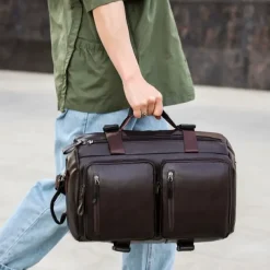 Men's Faux Leather Travel Backpack and Duffel Bag – Multi-Functional Large Capacity Bag with Dual Front Pockets for Business and Weekend Trips