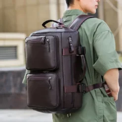 Men's Faux Leather Travel Backpack and Duffel Bag – Multi-Functional Large Capacity Bag with Dual Front Pockets for Business and Weekend Trips