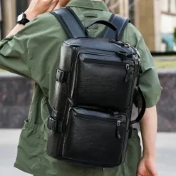 Men's Faux Leather Travel Backpack and Duffel Bag – Multi-Functional Large Capacity Bag with Dual Front Pockets for Business and Weekend Trips