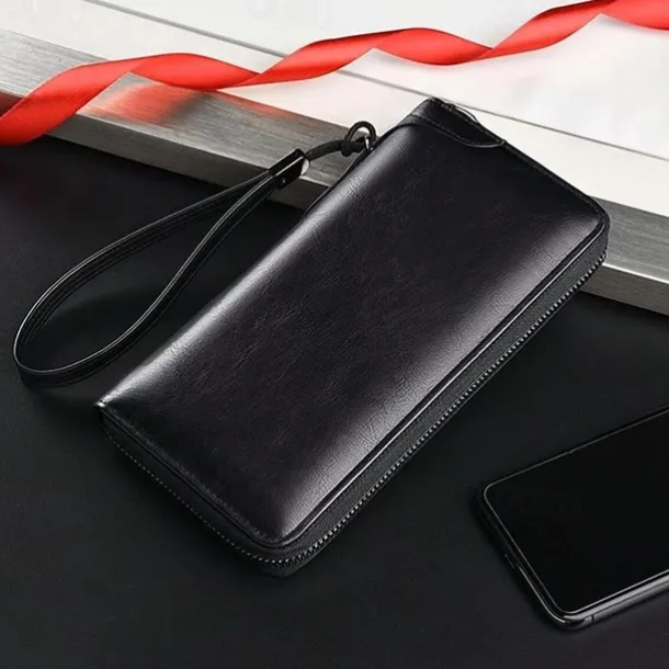 Men's Faux Leather Zipper Wallet with Multiple Card Slots & Wrist Strap - Slim & Stylish for Everyday Use