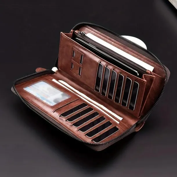 Men's Faux Leather Zipper Wallet with Multiple Card Slots & Wrist Strap - Slim & Stylish for Everyday Use