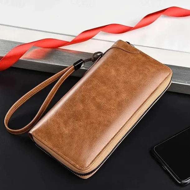 Men's Faux Leather Zipper Wallet with Multiple Card Slots & Wrist Strap - Slim & Stylish for Everyday Use