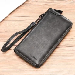 Men's Faux Leather Zipper Wallet with Multiple Card Slots & Wrist Strap - Slim & Stylish for Everyday Use