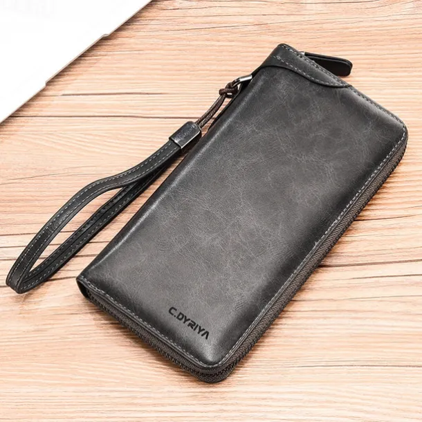 Men's Faux Leather Zipper Wallet with Multiple Card Slots & Wrist Strap - Slim & Stylish for Everyday Use