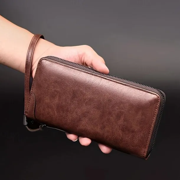Men's Faux Leather Zipper Wallet with Multiple Card Slots & Wrist Strap - Slim & Stylish for Everyday Use