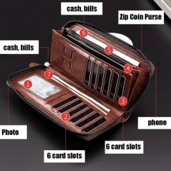 Men's Faux Leather Zipper Wallet with Multiple Card Slots & Wrist Strap - Slim & Stylish for Everyday Use