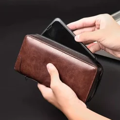 Men's Faux Leather Zipper Wallet with Multiple Card Slots & Wrist Strap - Slim & Stylish for Everyday Use