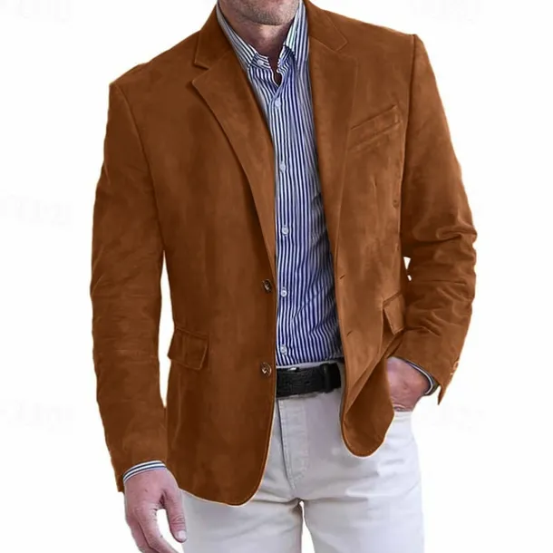 Men's Faux Suede Jacket Faux Suede Blazer Business Attire Company Party Fashion Casual Fall / Winter Faux Suede Plain Pocket Buttons Comfortable Single Breasted Blazer Dark Navy Brown Green khaki